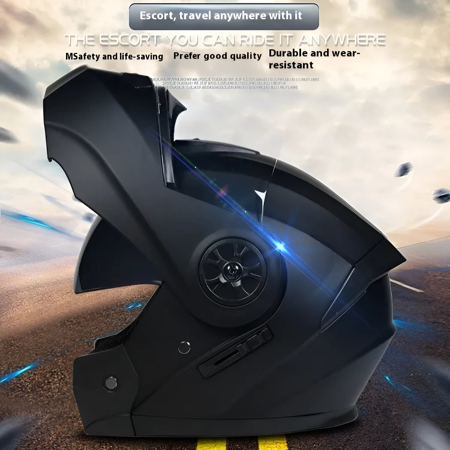 Matte black full face motorcycle helmet with integrated battery visor on a stand
