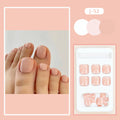 Plastic toenail stickers in skin colour with adhesive glue bottle on white background