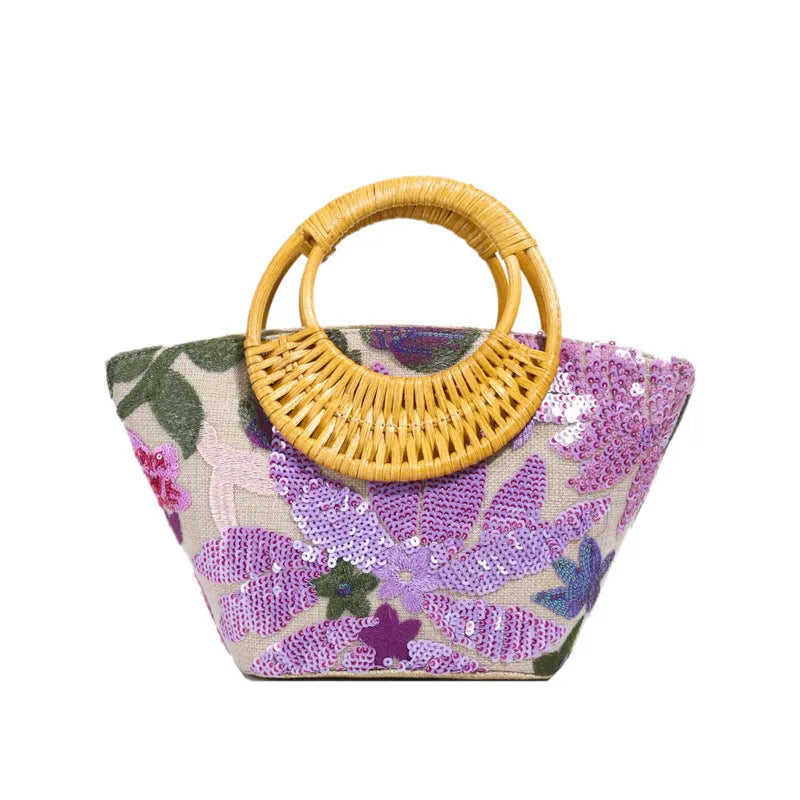 Cotton and linen cylindrical bag with sequin and bamboo joint embroidery, medium soft, light purple colour, three-dimensional pocket