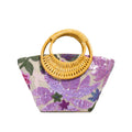Cotton and linen cylindrical bag with sequin and bamboo joint embroidery, medium soft, light purple colour, three-dimensional pocket