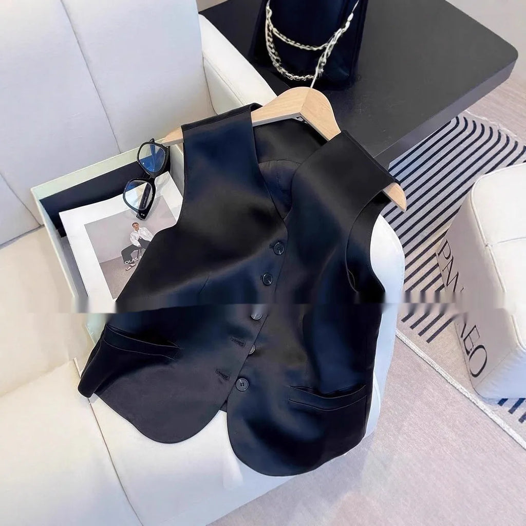 Black satin sleeveless vest with loose fit and v-neck design