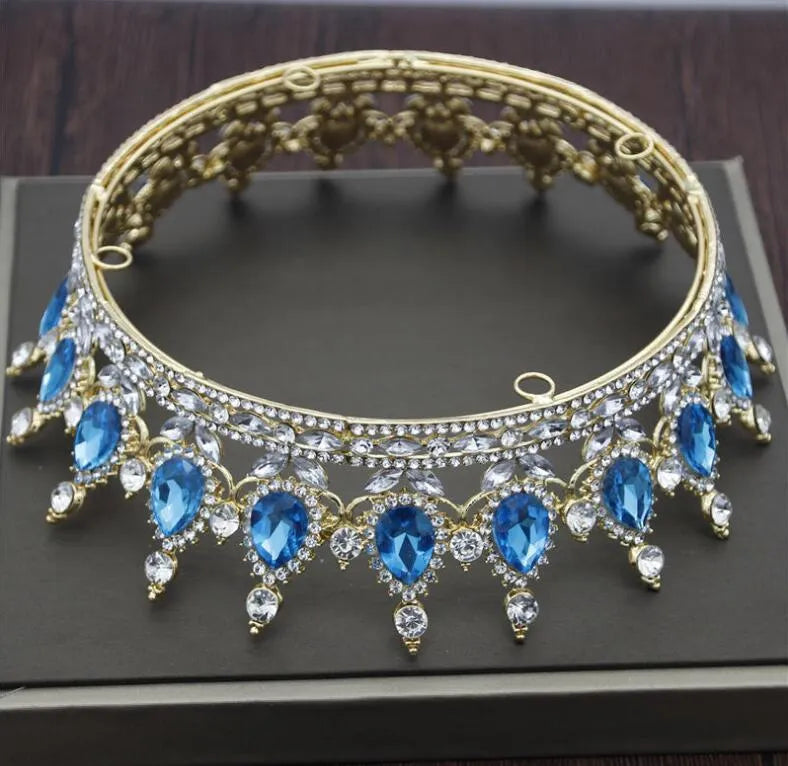 Baroque bridal crown headdress with rhinestones on alloy base, 12.5cm diameter, 5cm height in gold finish