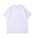 Man wearing a heavy cotton loose-fit T-shirt in navy blue, showing short sleeves and casual style.