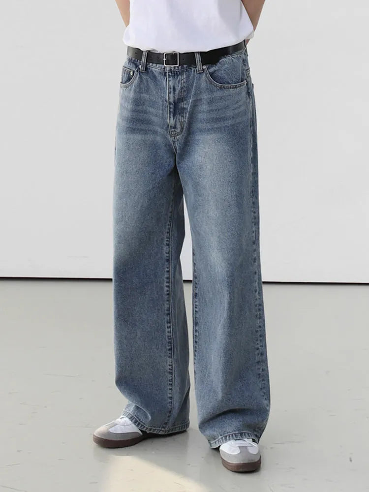 Men's retro washed blue jeans, cotton mid waist trousers, casual leisure pants, sizes M to 2XL