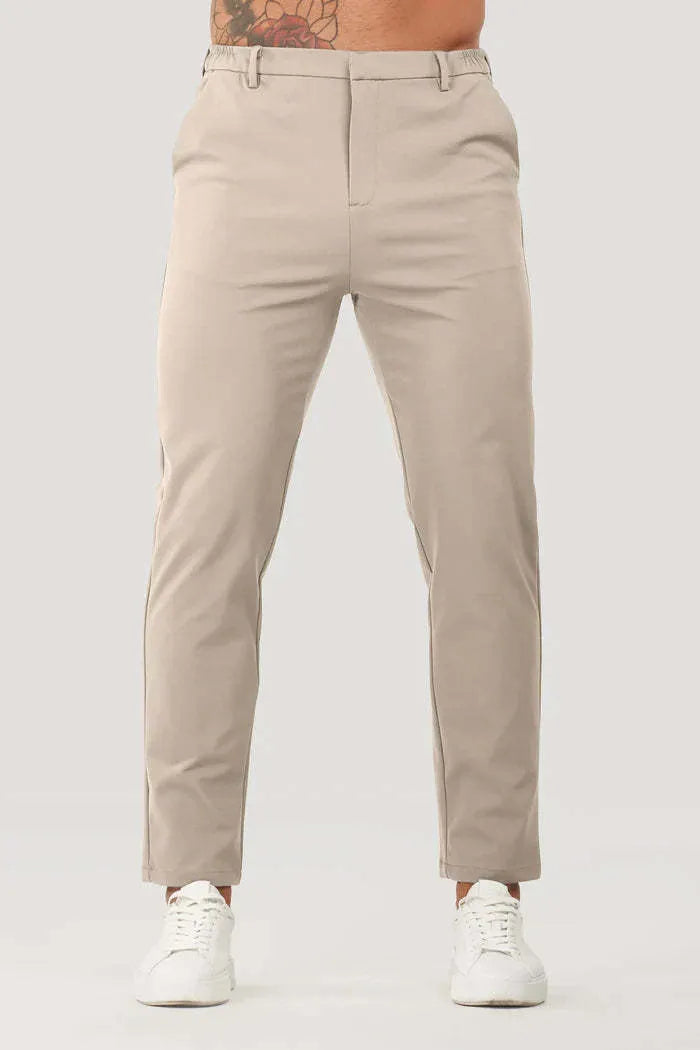 Solid colour casual men's suit pants with straight leg and button fly in black