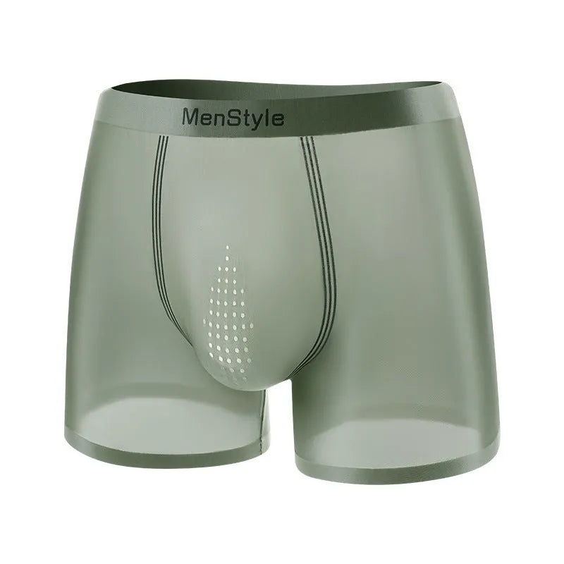 Men's seamless satin ice silk boxer shorts in dark grey, showing mid-waist and single-layer construction.