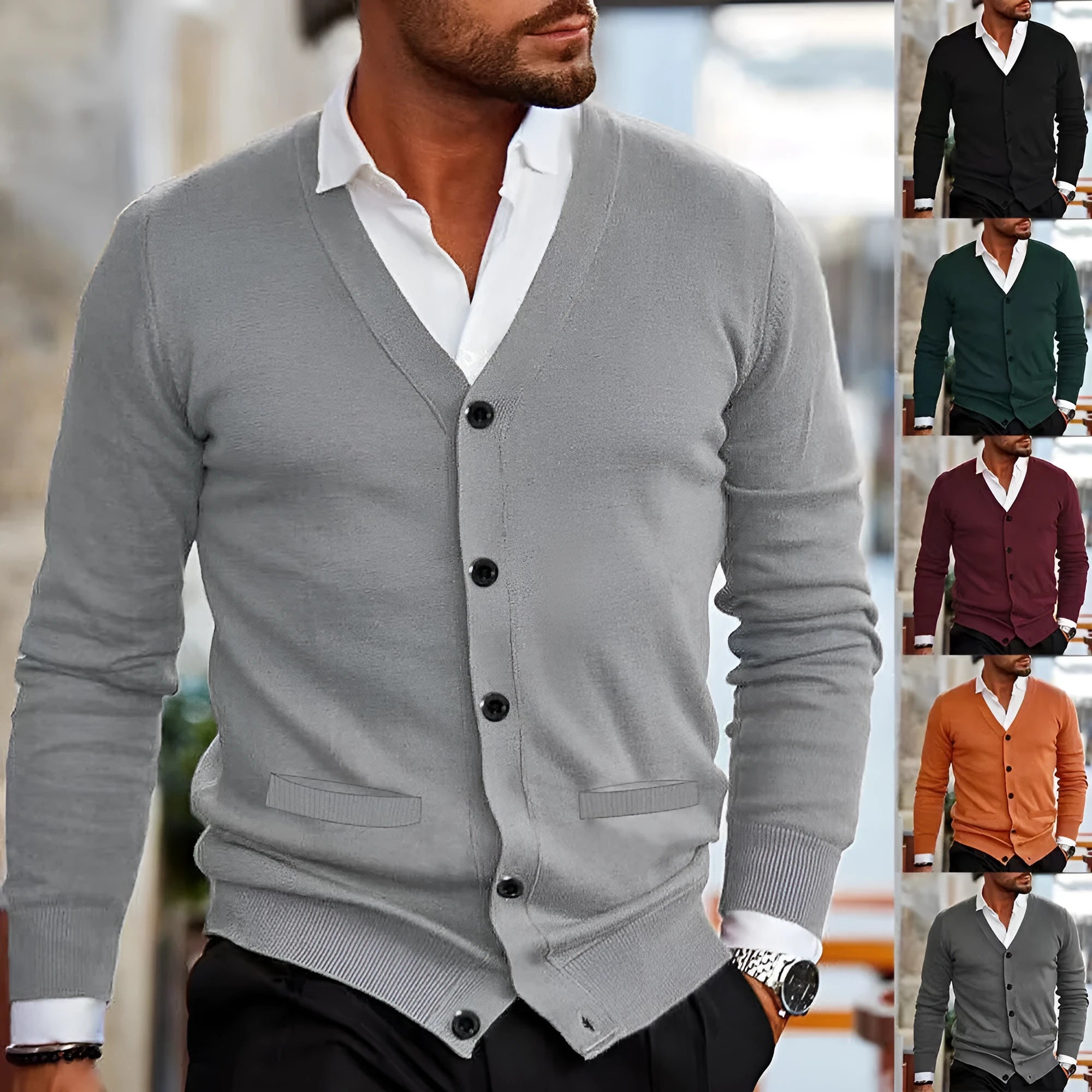 Men's slim fit acrylic cardigan sweater coat in black, shown on a model.