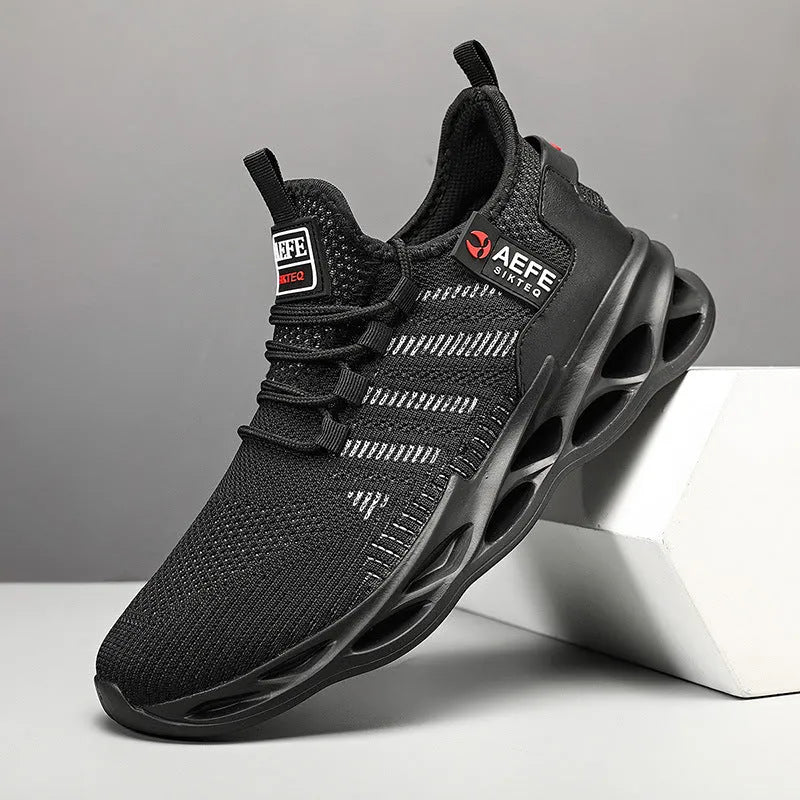 Men's black mesh casual running shoes with cross straps, low-top design, and rounded toe.