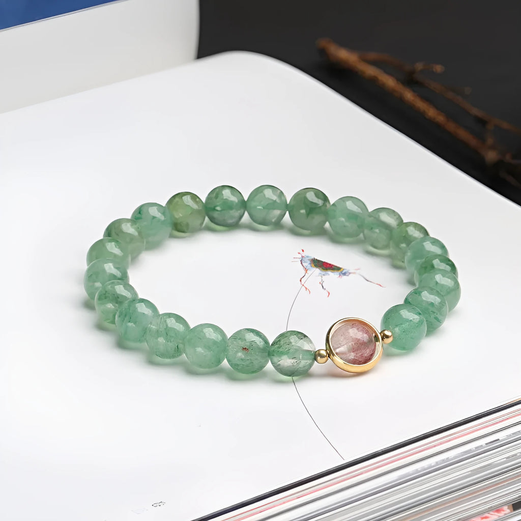Green strawberry quartz Chinese style bracelet with 7.5mm beads and geometric hand-woven patterns