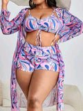 Women's floral print bikini three-piece set with bra, briefs, and a matching cardigan cover-up.