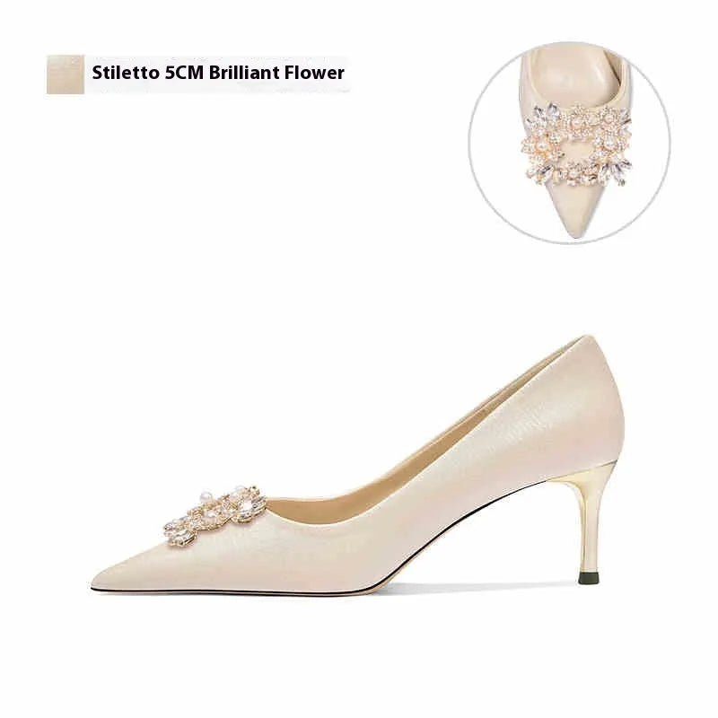 Crystal rhinestone wedding high heels with pointed toe, available in 5cm and 8cm heel heights