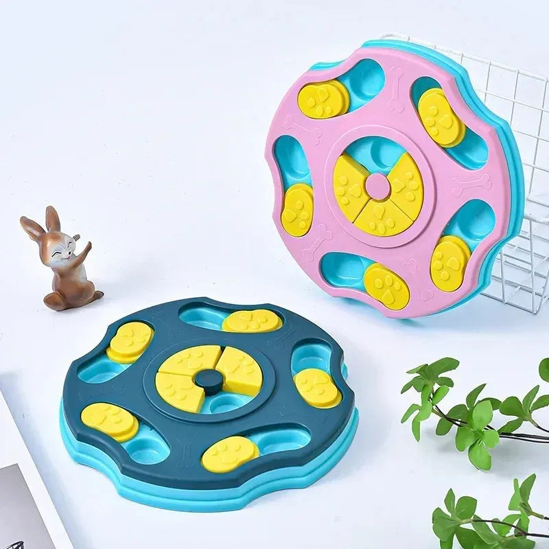 Blue dog puzzle food feeder toy with interactive compartments for slow feeding and mental stimulation
