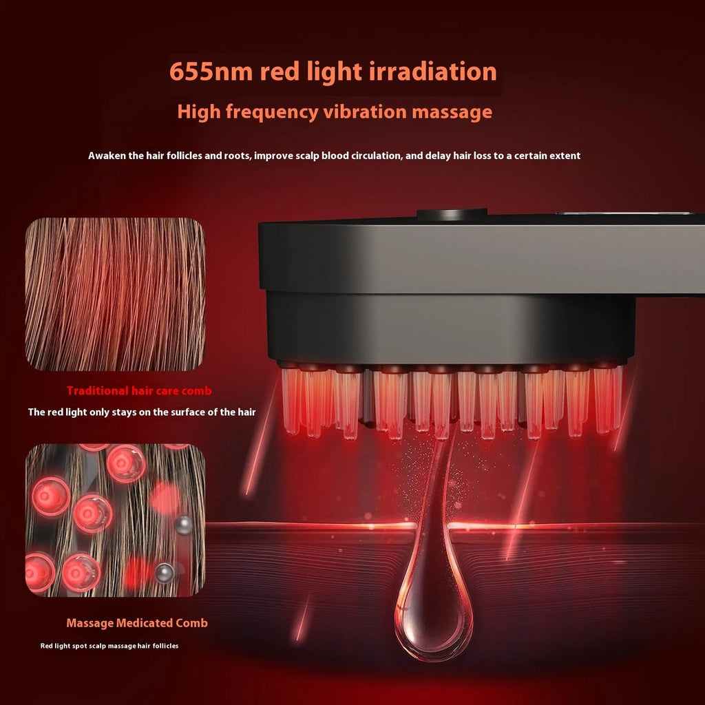 Smart massage comb with red light therapy in pink and black colours