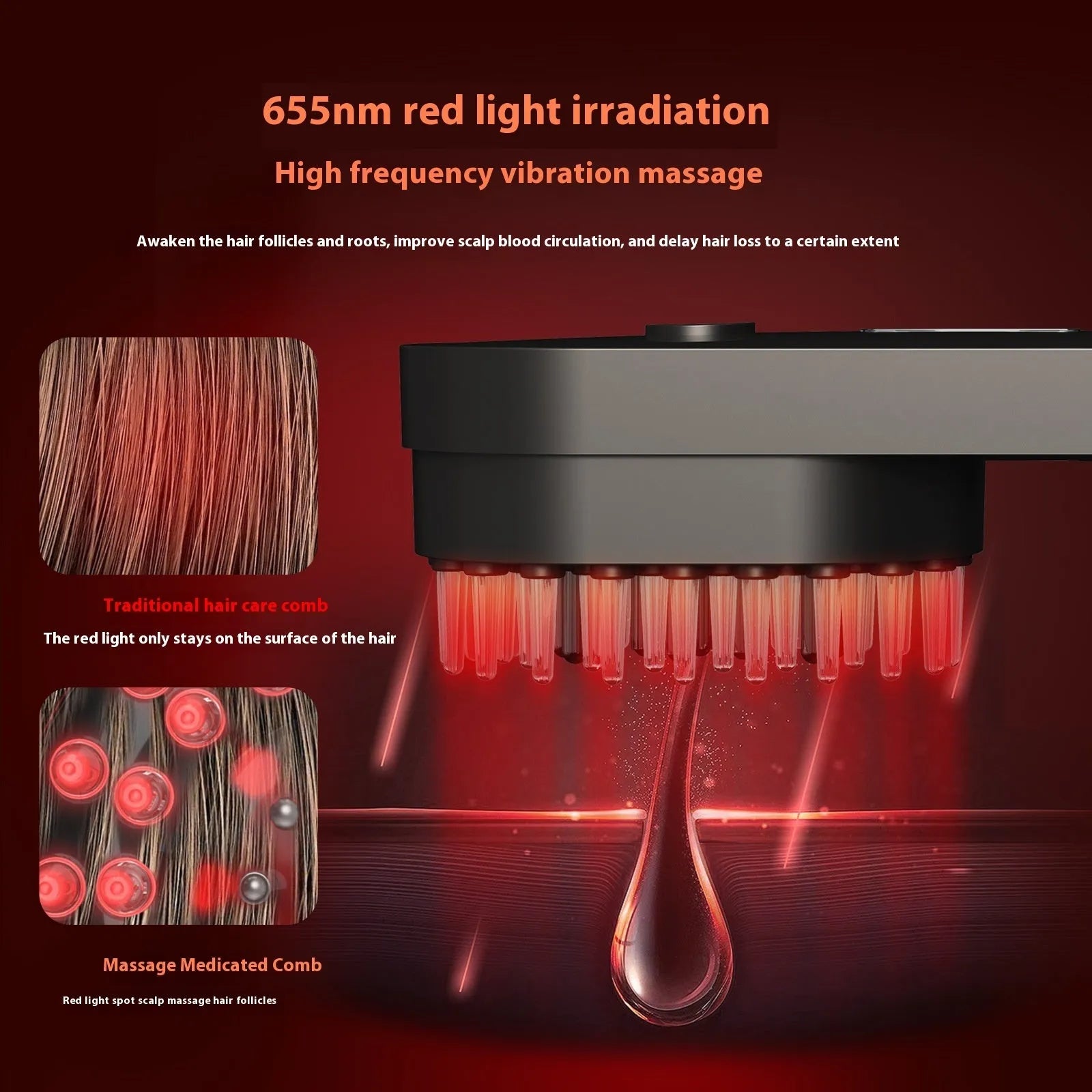 Smart massage comb with red light therapy in pink and black colours