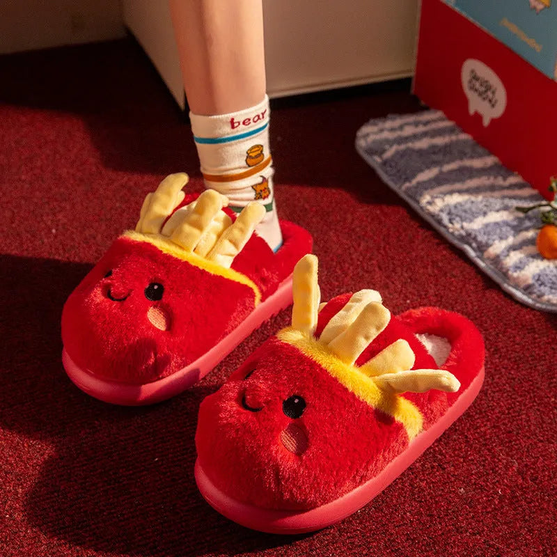 Women's cotton slippers with suede upper, EVA sole, French Fries cartoon design, indoor home wear