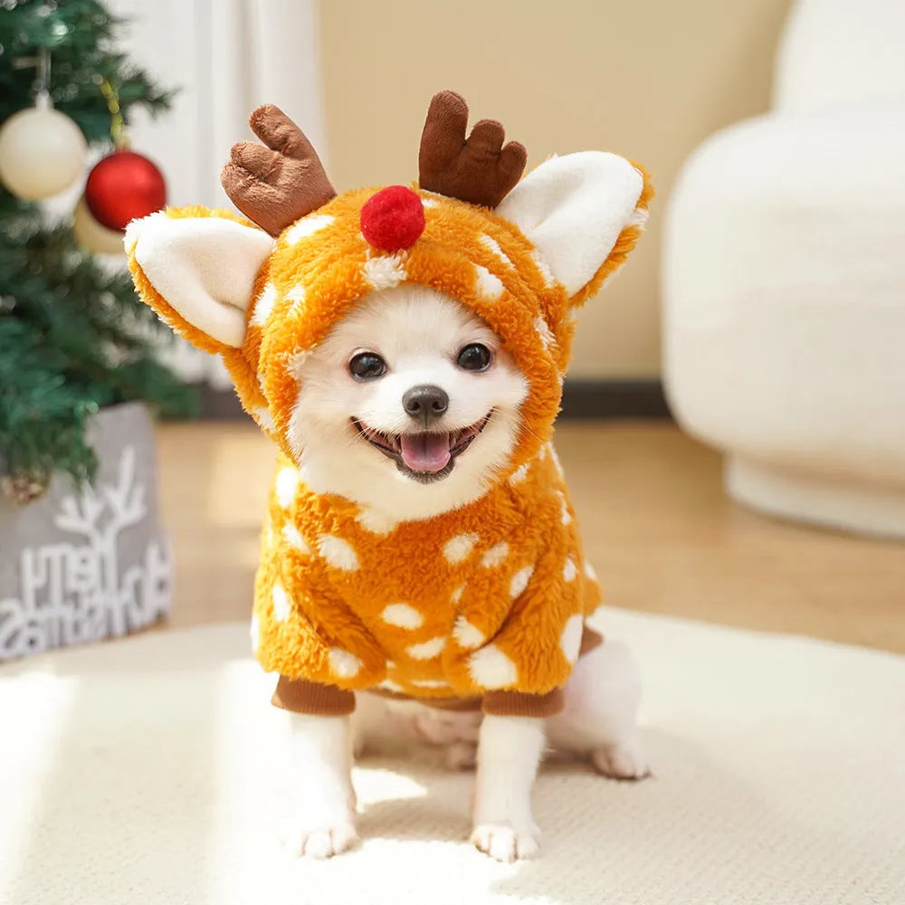 Elk reindeer costume for dog or cat with fleece lining, showing two-leg design and festive appearance