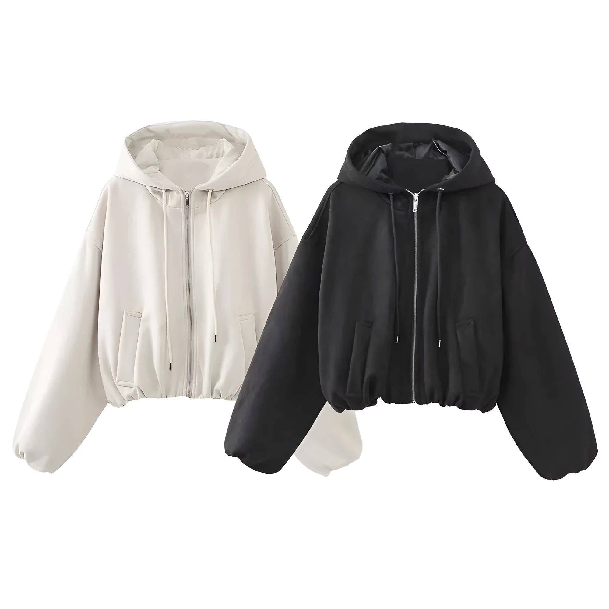 Women's suede hooded jacket in black or white colour with Asian sizing from XS to L