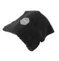 Black U-shaped convex travel neck pillow filled with cotton, shown on a grey background.