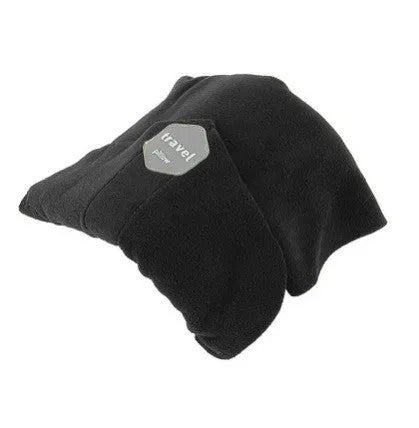 Black U-shaped convex travel neck pillow filled with cotton, shown on a grey background.