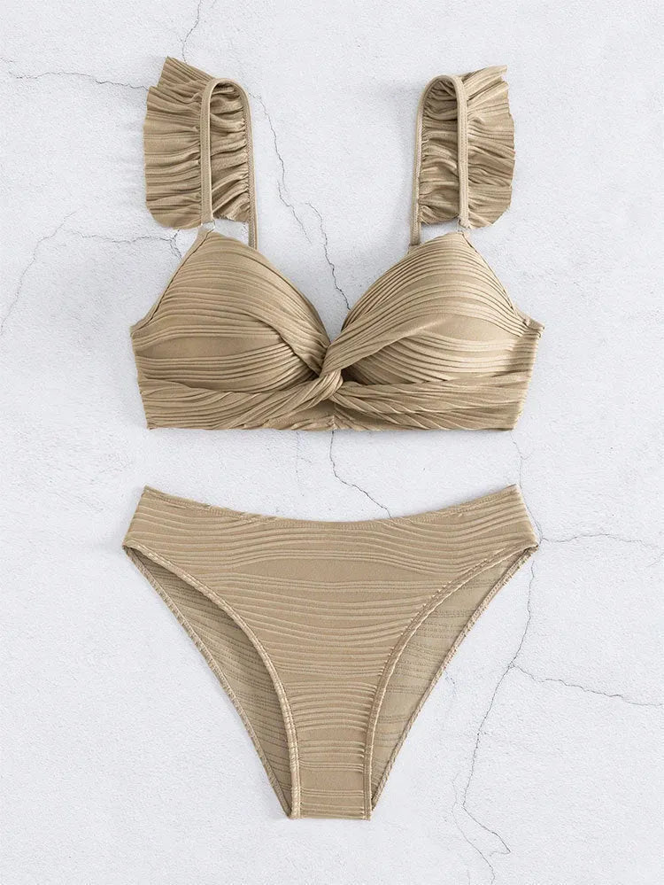 Women's solid colour bikini swimsuit set in black or khaki available in sizes S M L XL