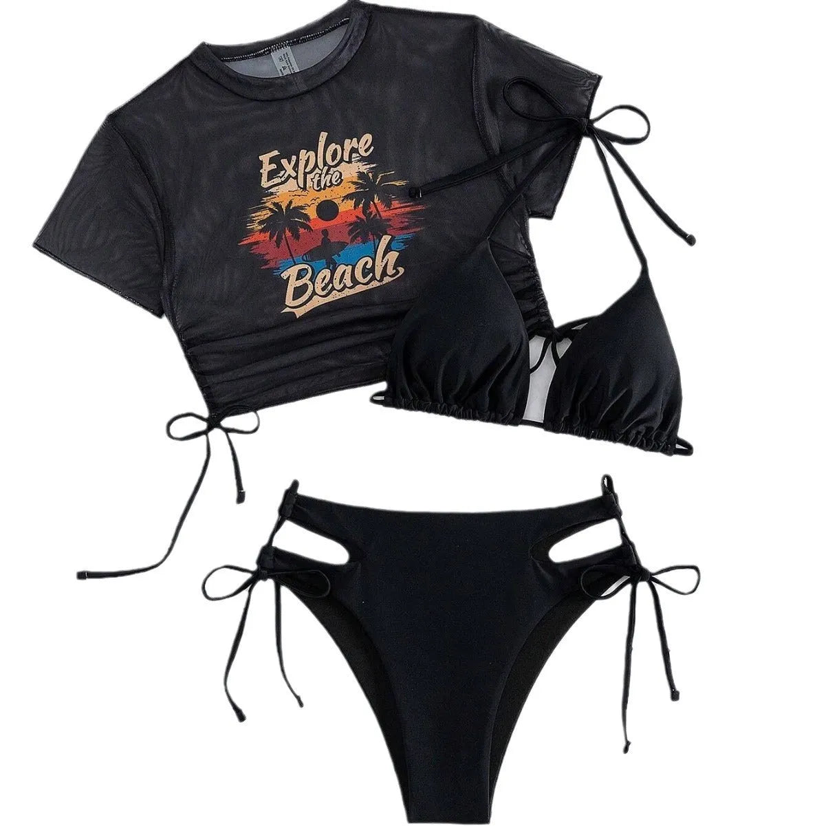 Women's three-piece bikini swimsuit with short sleeves in nylon fabric