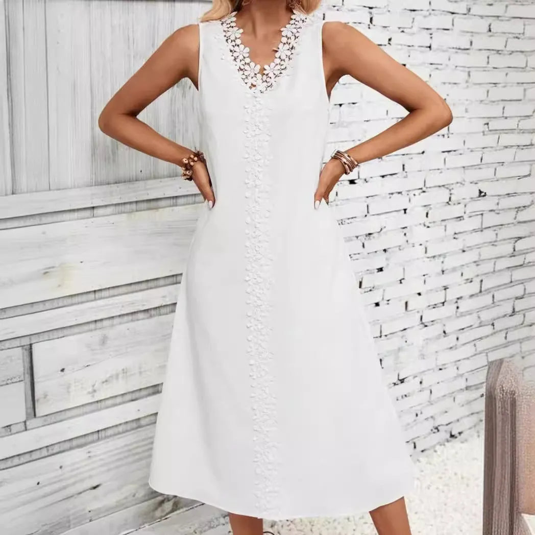 Women's sleeveless lace long patchwork dress with A-line skirt and crocheted flowers in white or black