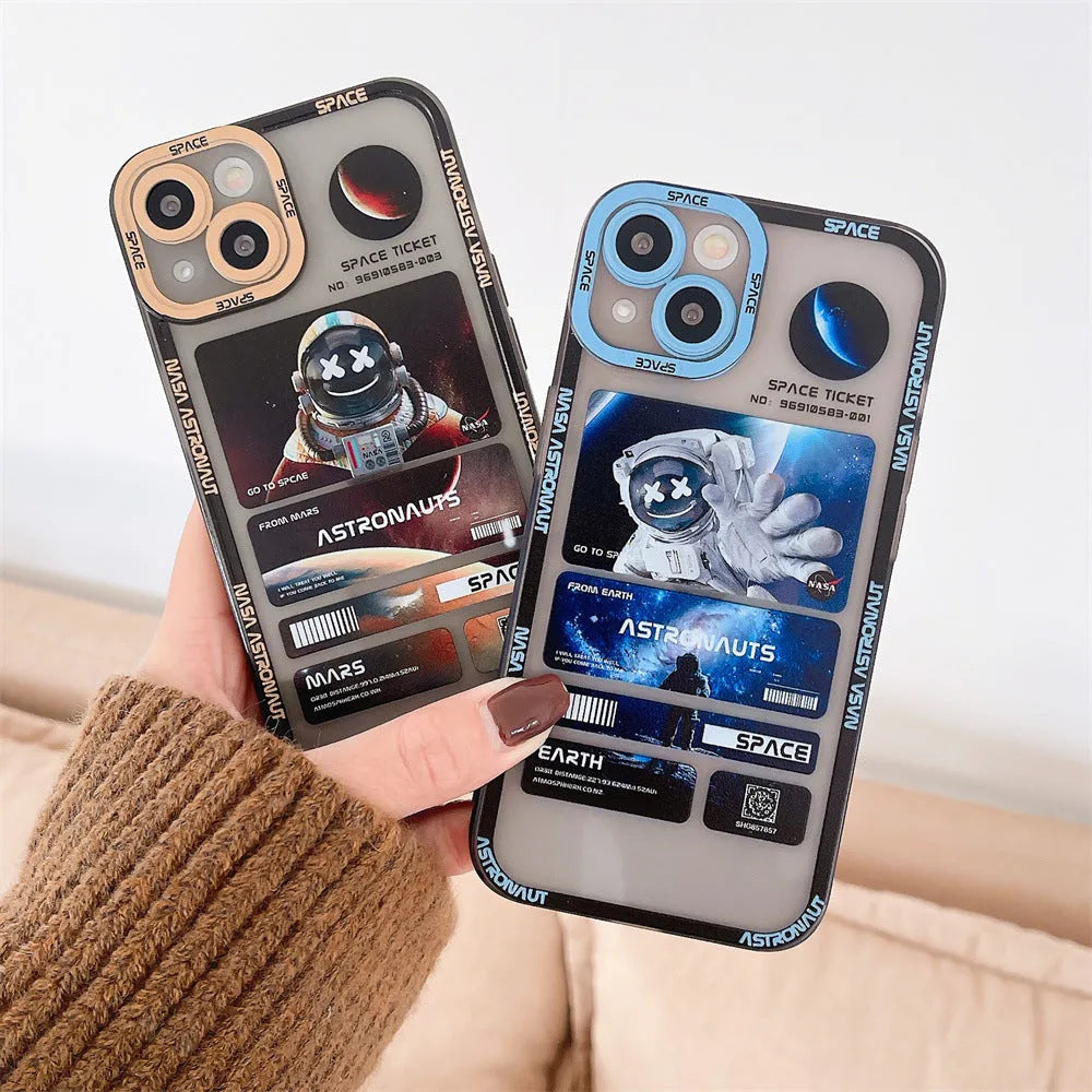 Astronaut graffiti print phone case for iPhone in blue-black, orange-black, and white-black contrast colours