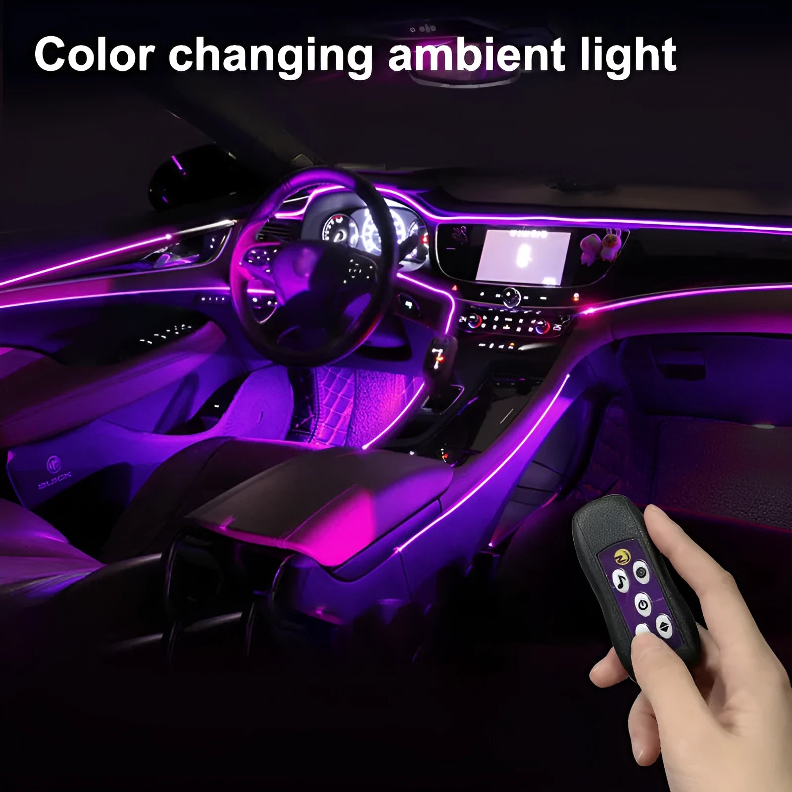 Car interior LED atmosphere light with colourful changing effects installed along dashboard
