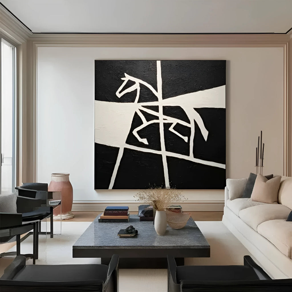 Hand-painted oil painting canvas wall art with black and white horse motif, square modern design, rolled unstretched frameless