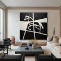 Hand-painted oil painting canvas wall art with black and white horse motif, square modern design, rolled unstretched frameless