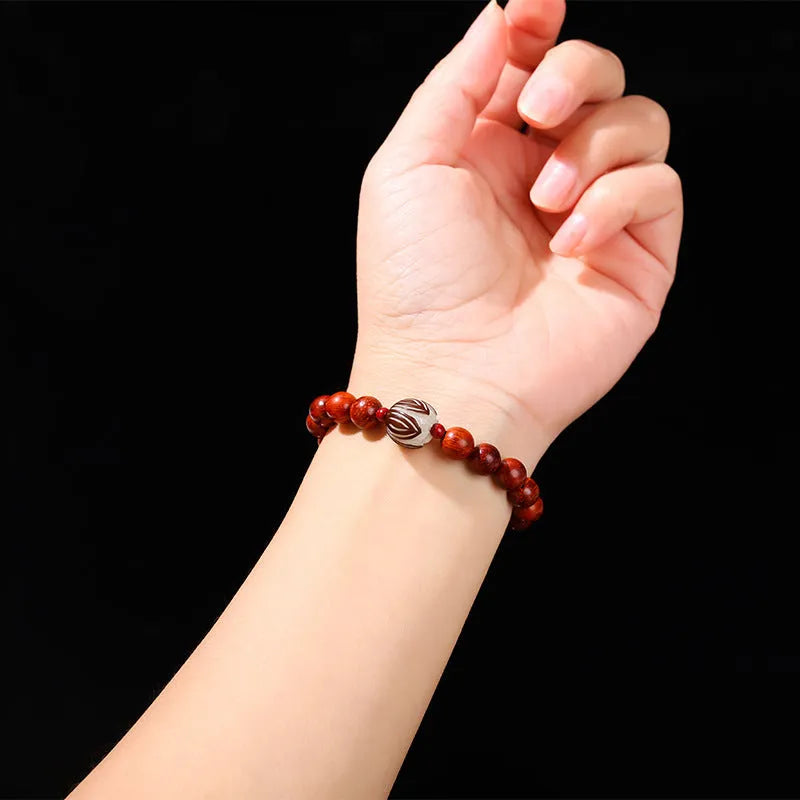 Red rosewood and grey jade Bodhi Lotus bracelet with geometric round beads