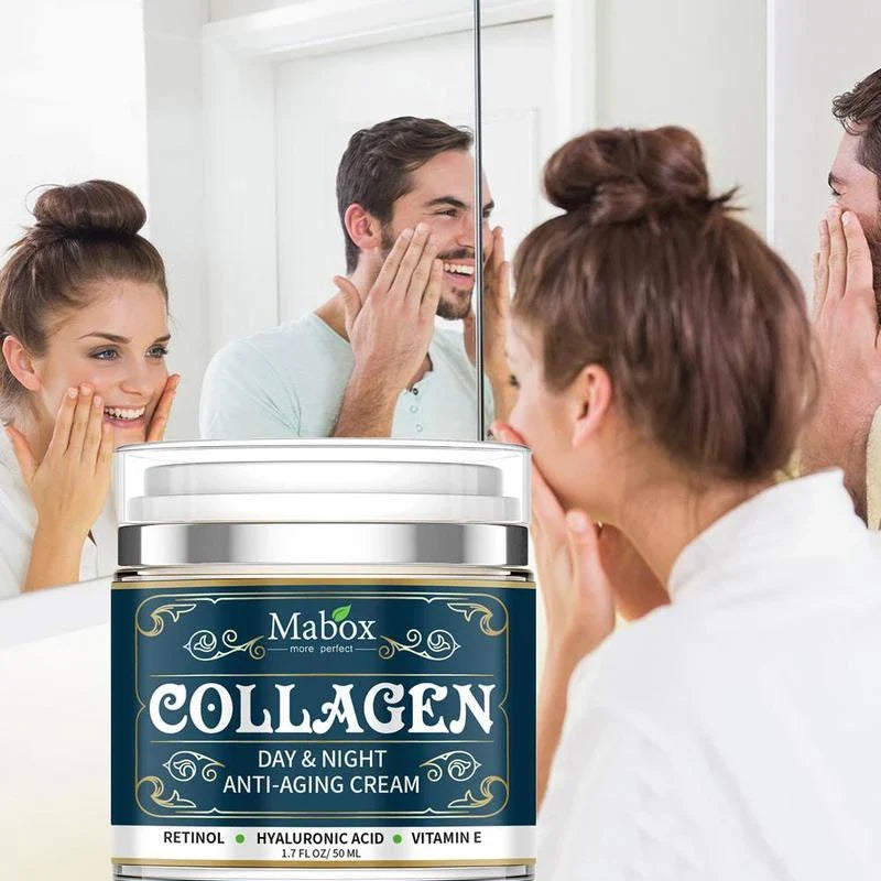 Collagen face cream in a blue container, designed to hydrate and rejuvenate the skin for a youthful, radiant appearance.