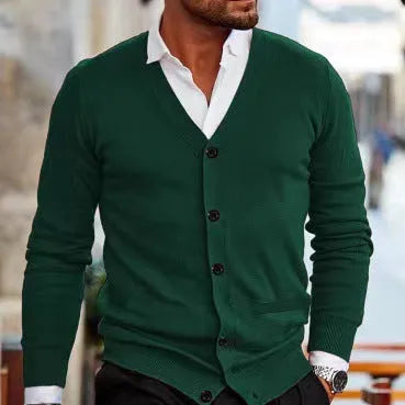 Men's slim fit acrylic cardigan sweater coat in black, shown on a model.