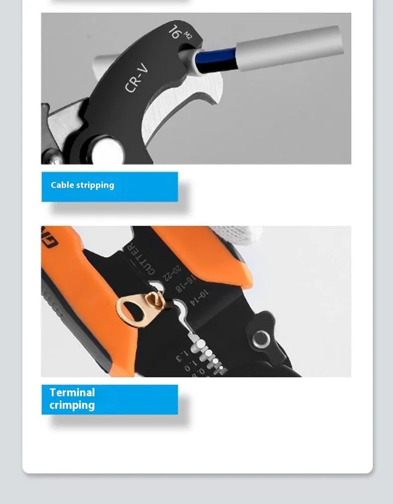 Fully automatic wire stripping pliers tool with a high carbon steel blade on a white background.