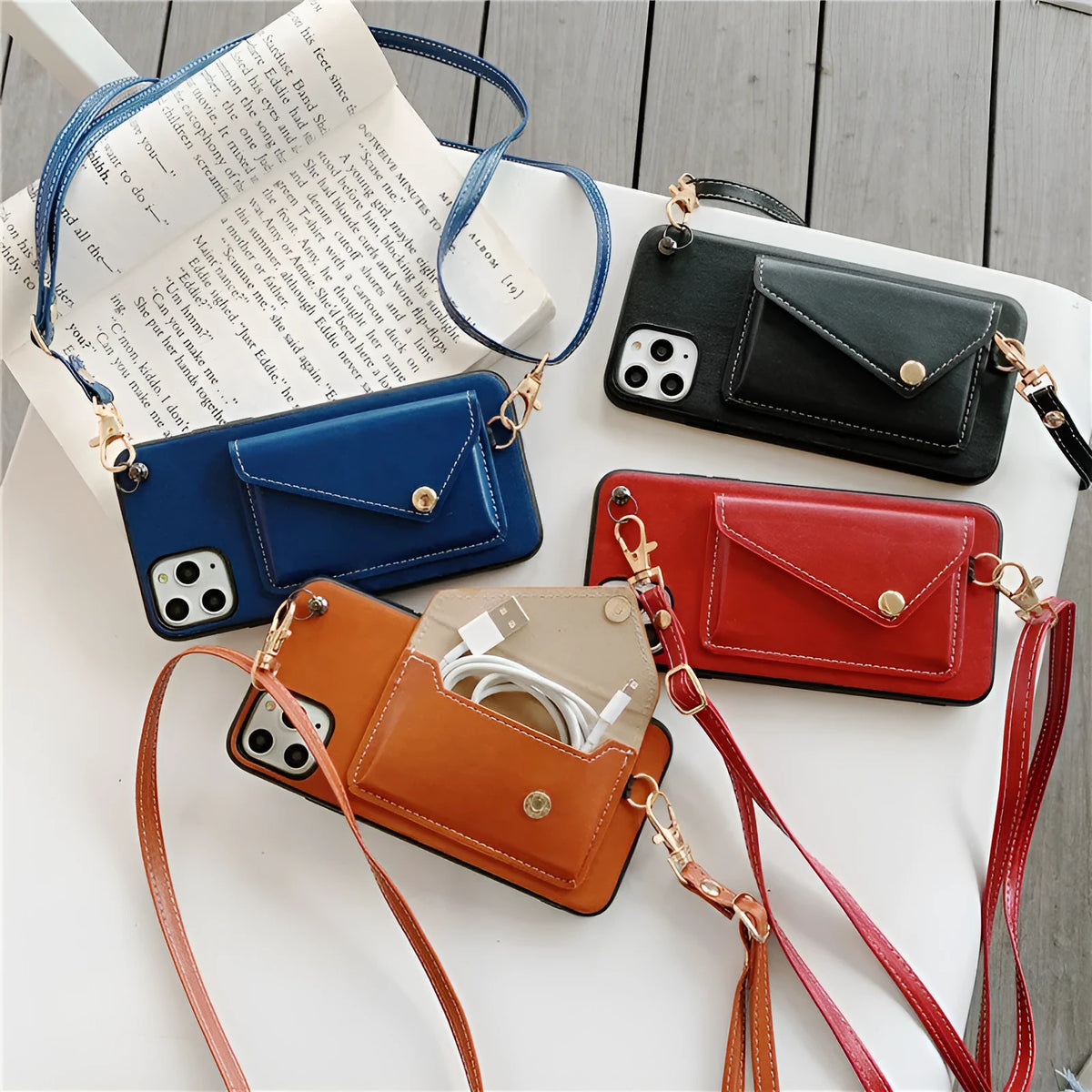 Imitation leather iPhone back cover with 3D coin purse, card slot and messenger rope in black, blue, khaki or red.