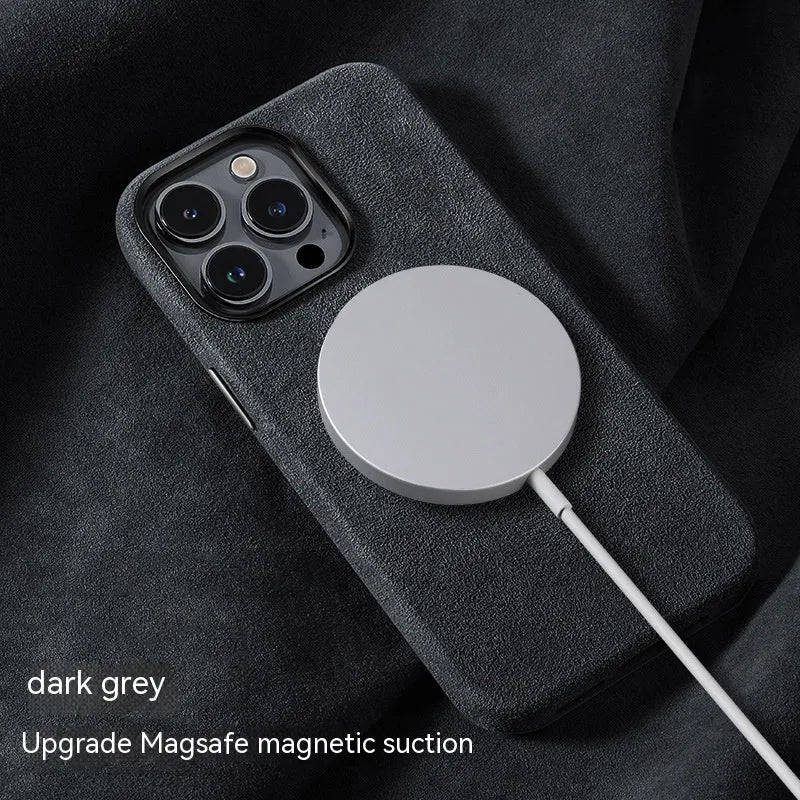 Suede magnetic wireless charging phone case in dark green, sea blue, dark purple, and black gray for iPhone models