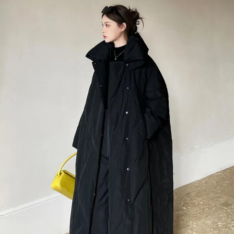 Women's mid-length winter coat, loose fit, zip front, black or grey, sizes S M L