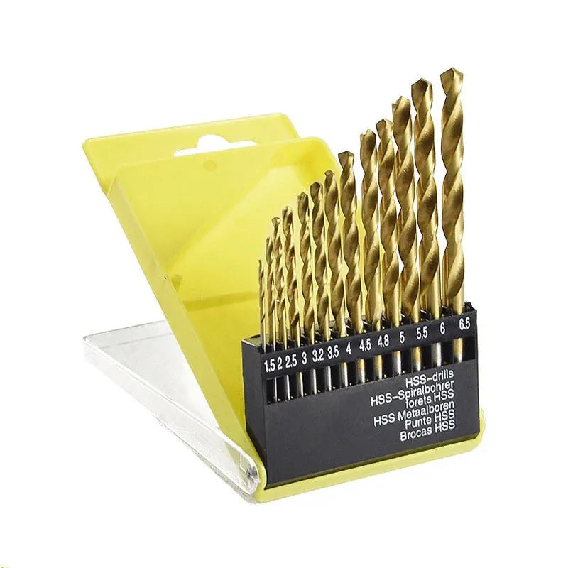 Boxed 13-piece titanium-plated twist drill set on white background