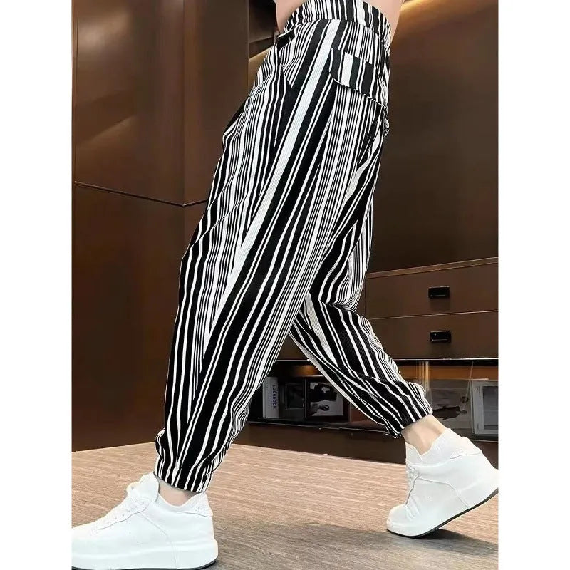 Men's striped casual trousers with ankle tie fastening in cropped ice silk design
