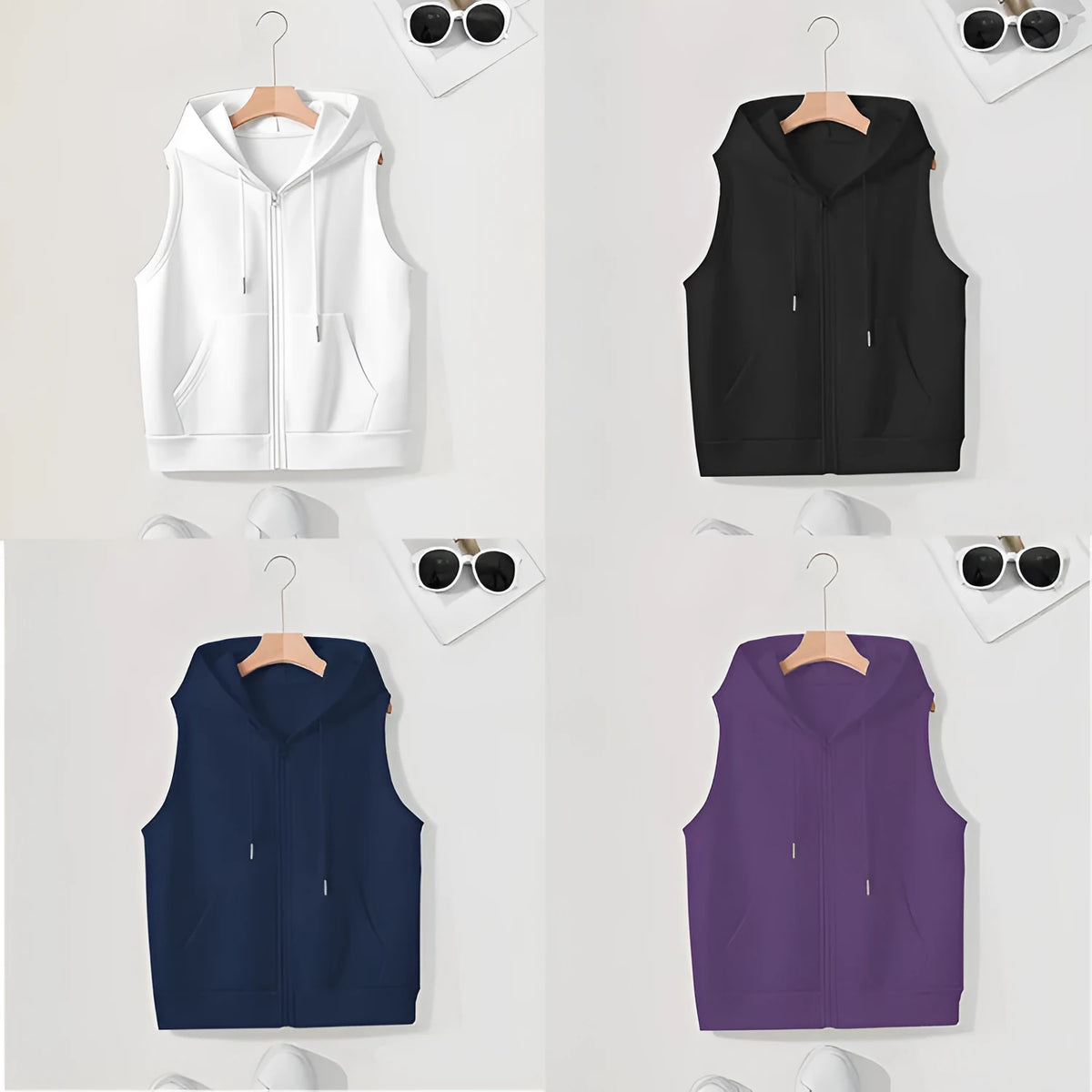 Women's sleeveless slim-fit zip cardigan sweater in white, black, dark blue or purple, sizes S to 3XL