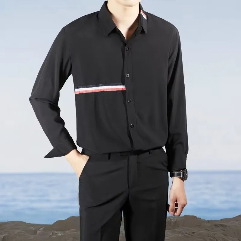 Hong Kong style loose fit casual shirt in polyester blend fabric with non-ironing feature