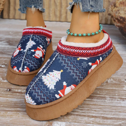 Cozy women's Christmas ankle boots with plush lining and slip-on design in festive snowman, bear, red, and Santa Claus designs