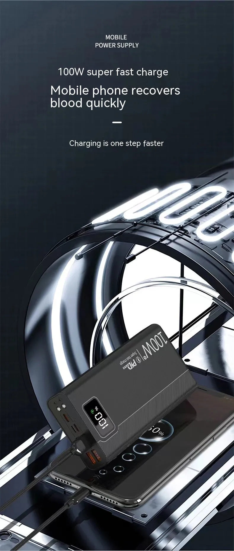 Black and white large capacity power bank with fast charging function showing dimensions