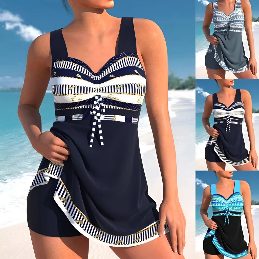 Plus size woman wearing a blue quick-dry split skirt bikini swimsuit on beach