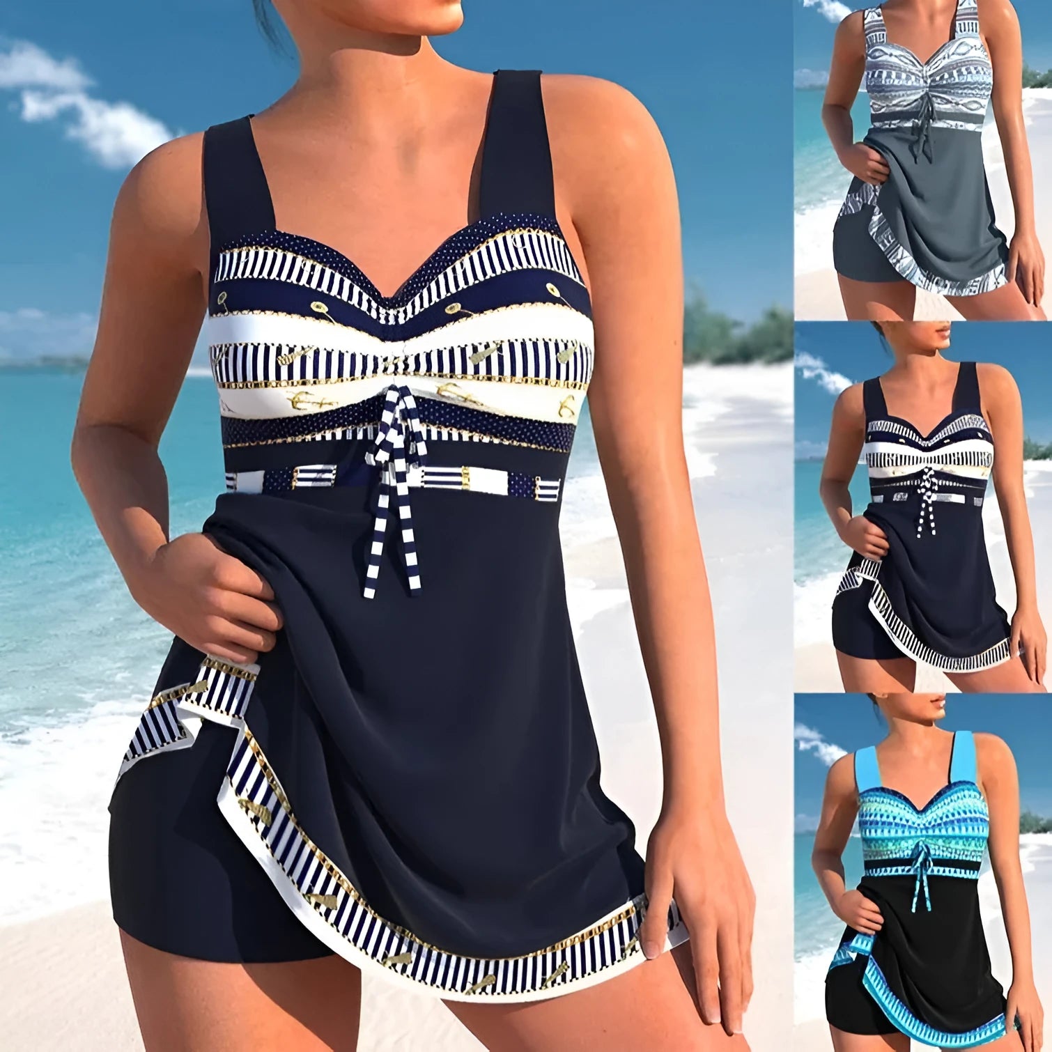 Plus size woman wearing a blue quick-dry split skirt bikini swimsuit on beach