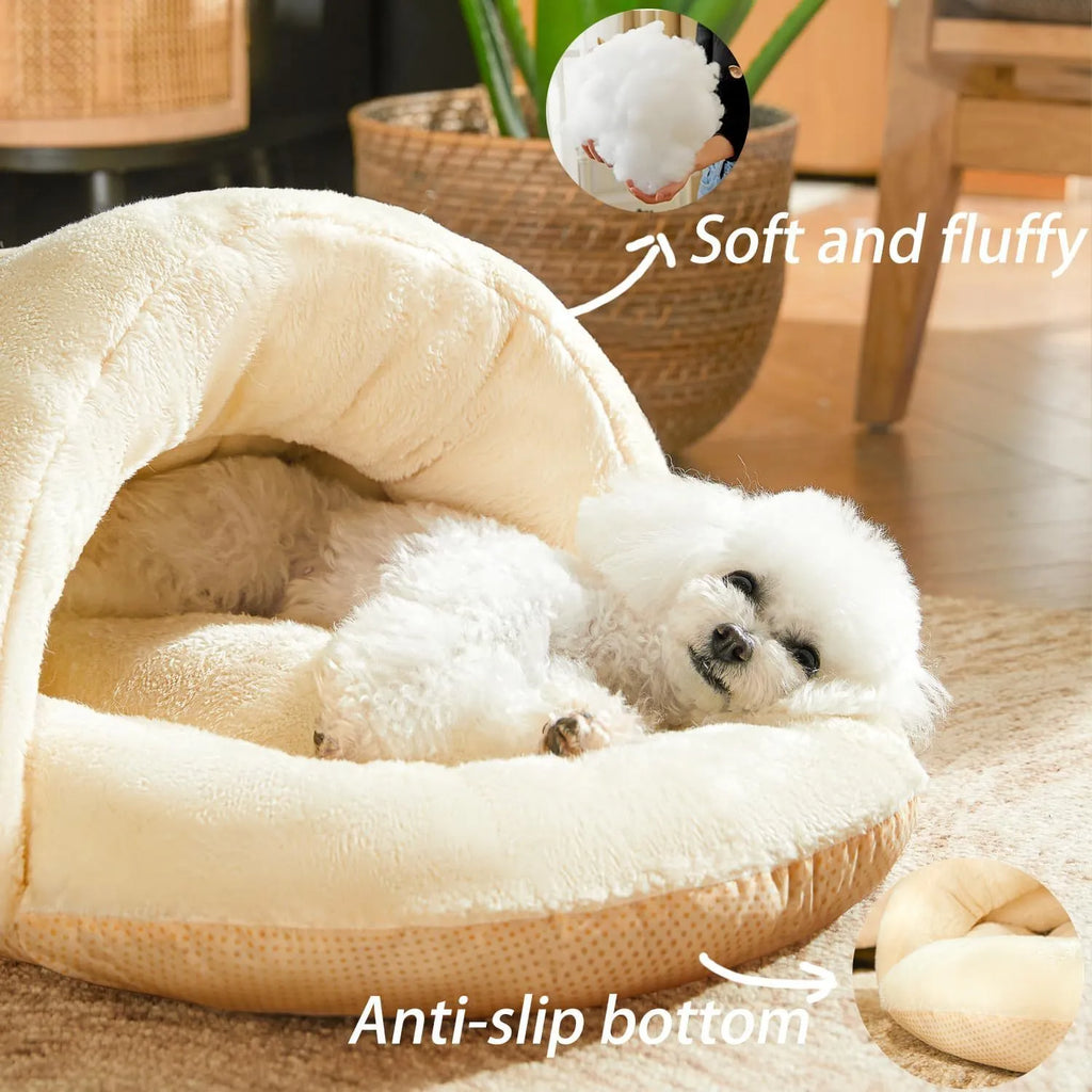 Plush slipper-shaped cat cave bed with corduroy exterior and Arctic velvet lining