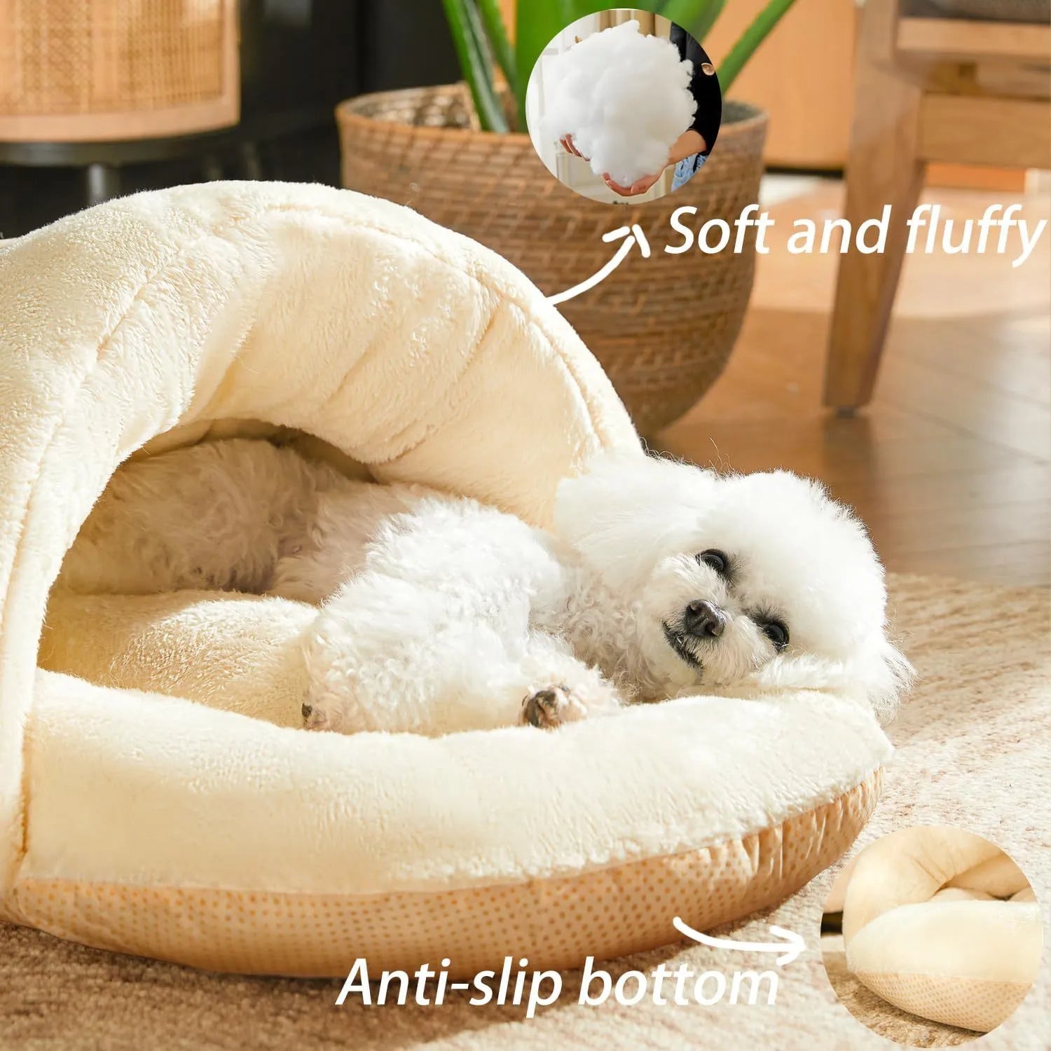 Plush slipper-shaped cat cave bed with corduroy exterior and Arctic velvet lining
