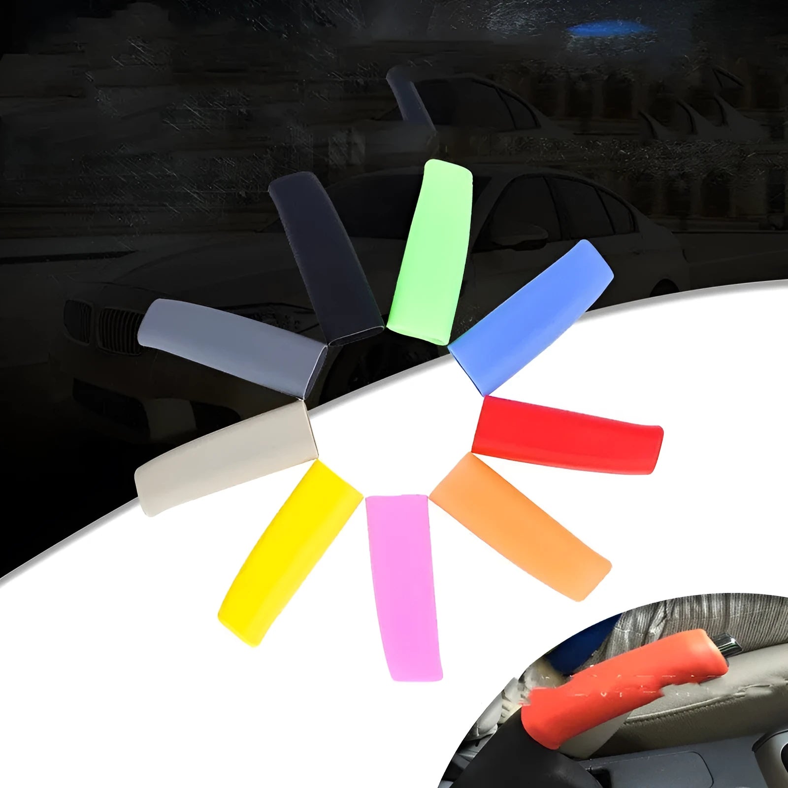 Universal 12 cm silicone handbrake sleeve in five colours: black, gray, beige, red, and blue.