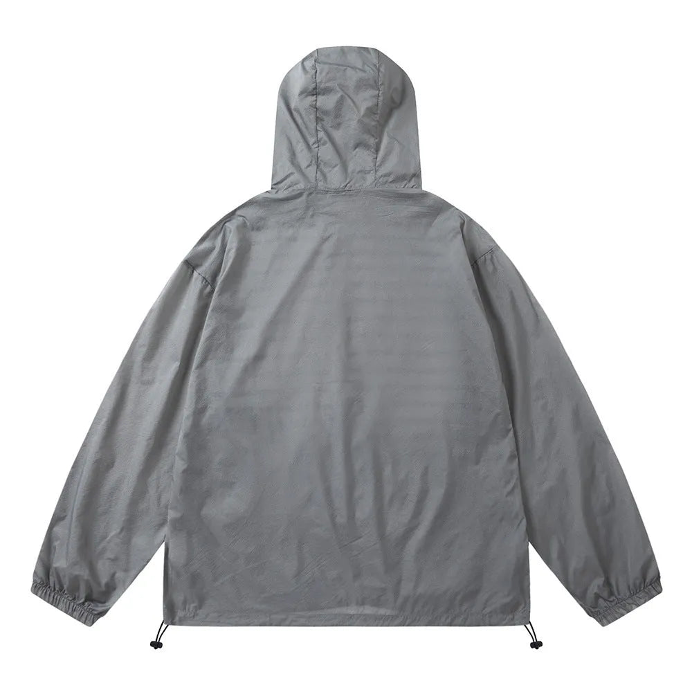 Men's nylon sun protection jacket with letter print, gray, front view, for leisure wear