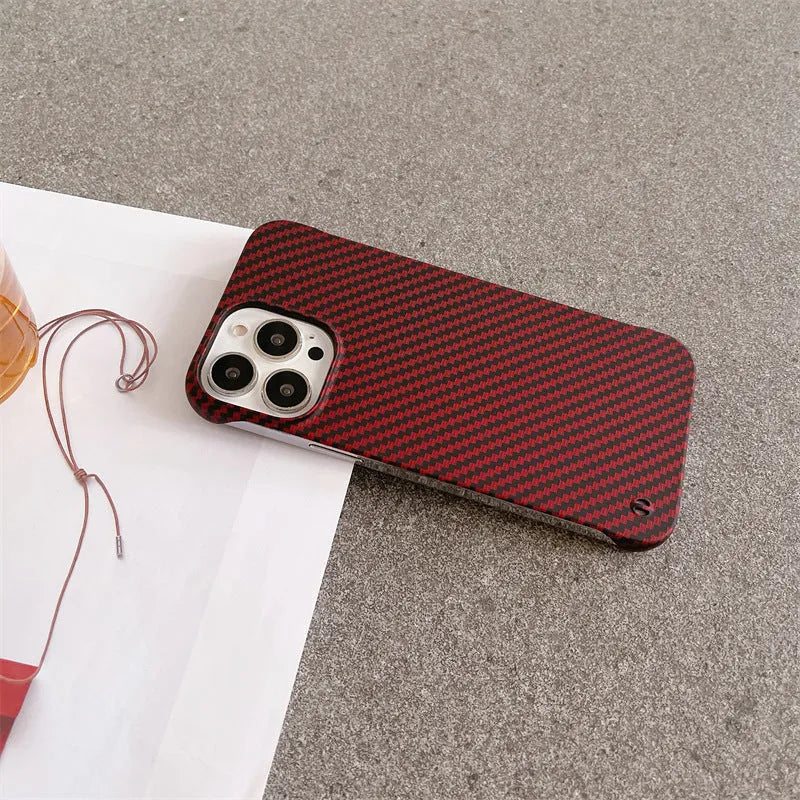 Frameless carbon fibre pattern hard shell phone case with bracket in silver, gold, green, blue, and red for iPhone 12 to 16 Pro Max.
